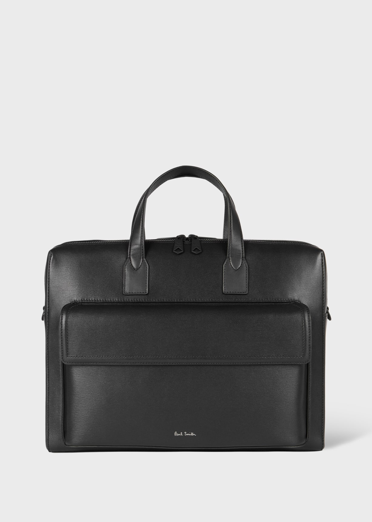 Black Straw-Grain Embossed Leather Double Zip Folio