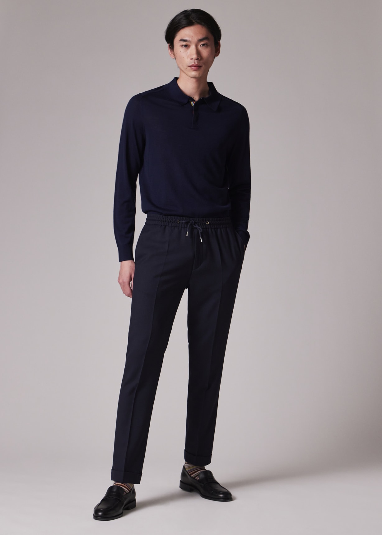 Men #39 s Navy Merino Wool Knitted Long Sleeve Polo Shirt