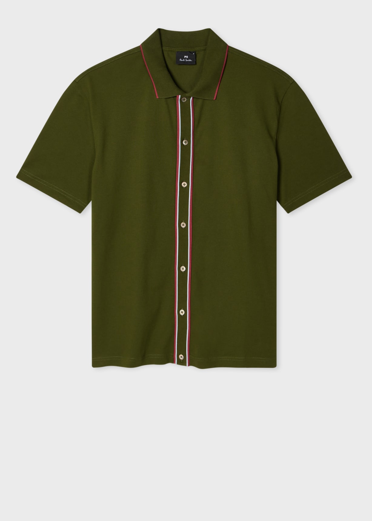 Men's Khaki Green Button-Front Stretch-Cotton Polo Shirt