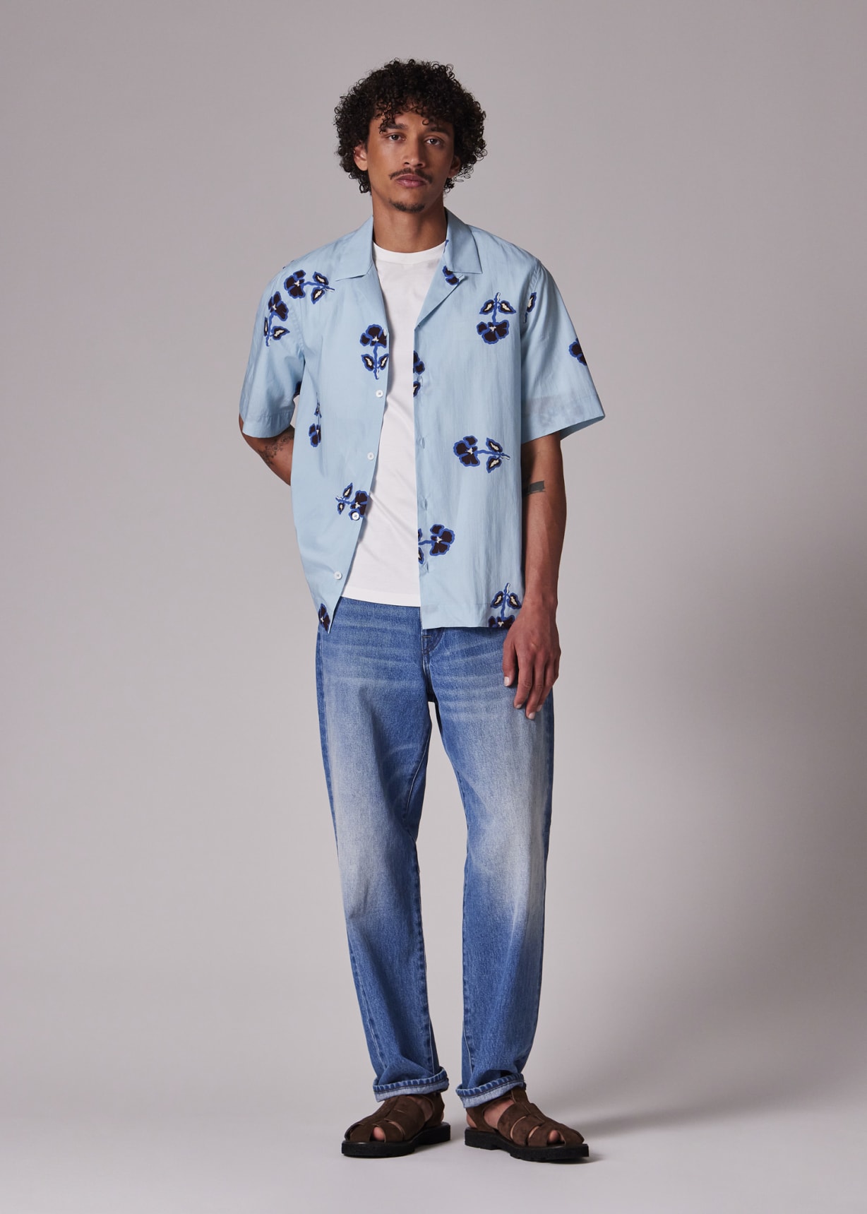 Men's Light Blue Cotton-Lyocell 'Tri Flower' Short-Sleeve Shirt