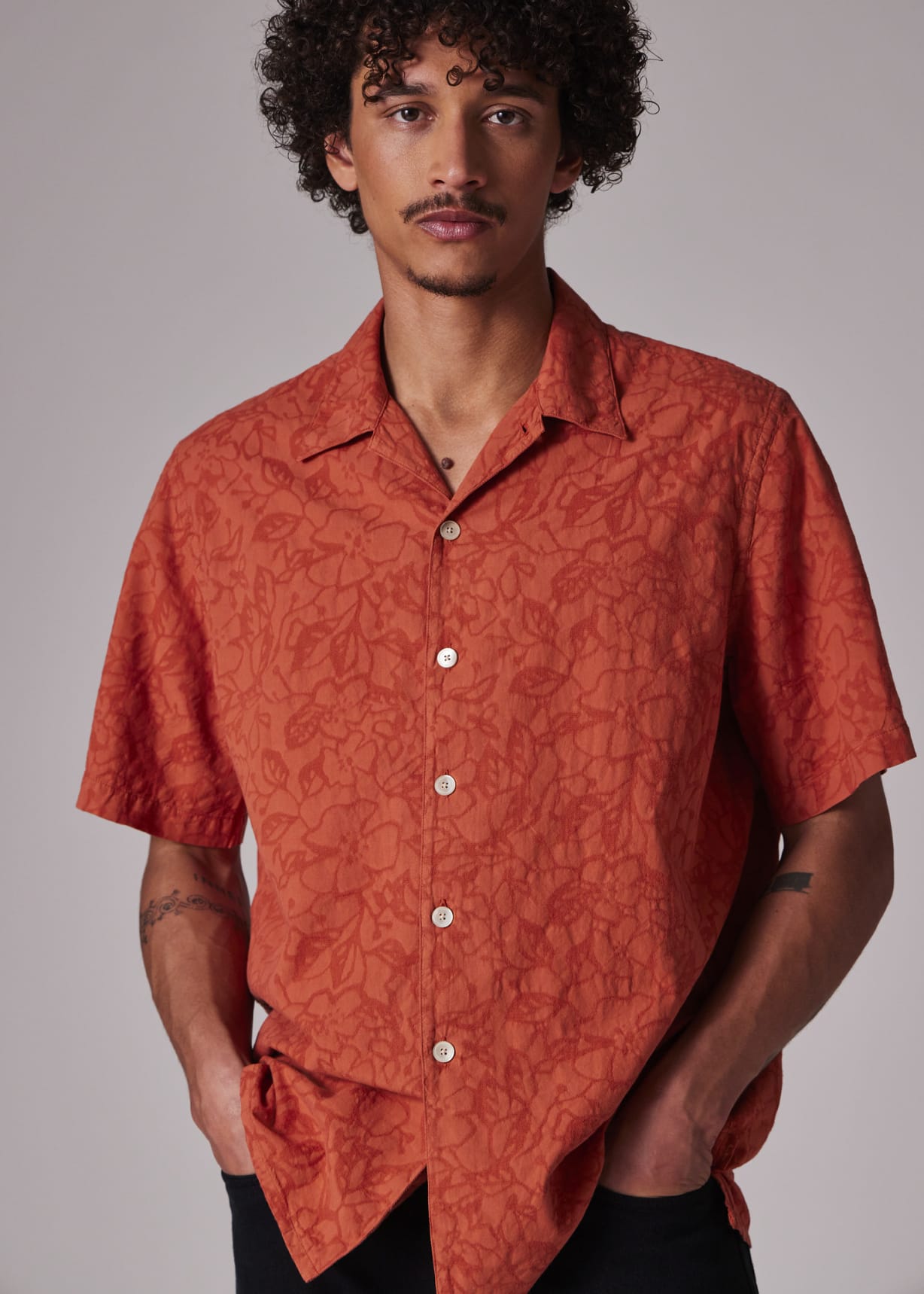 Orange Cotton Textured-Jacquard Short-Sleeve Shirt XS