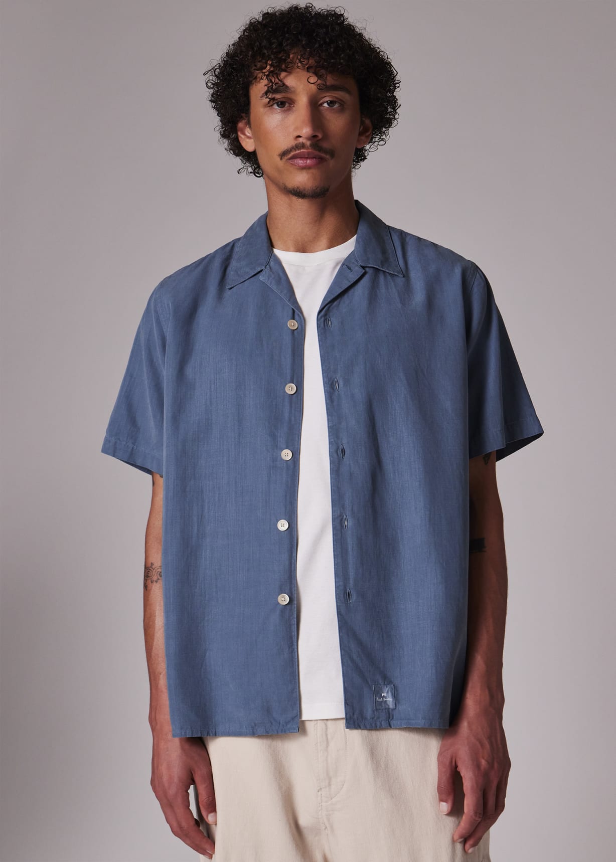 Blue Lyocell-Cotton Short-Sleeve Shirt