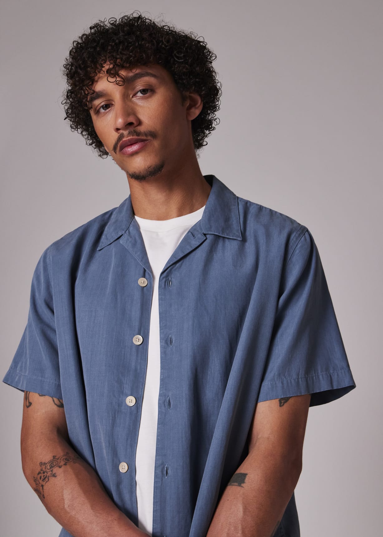 Blue Lyocell-Cotton Short-Sleeve Shirt