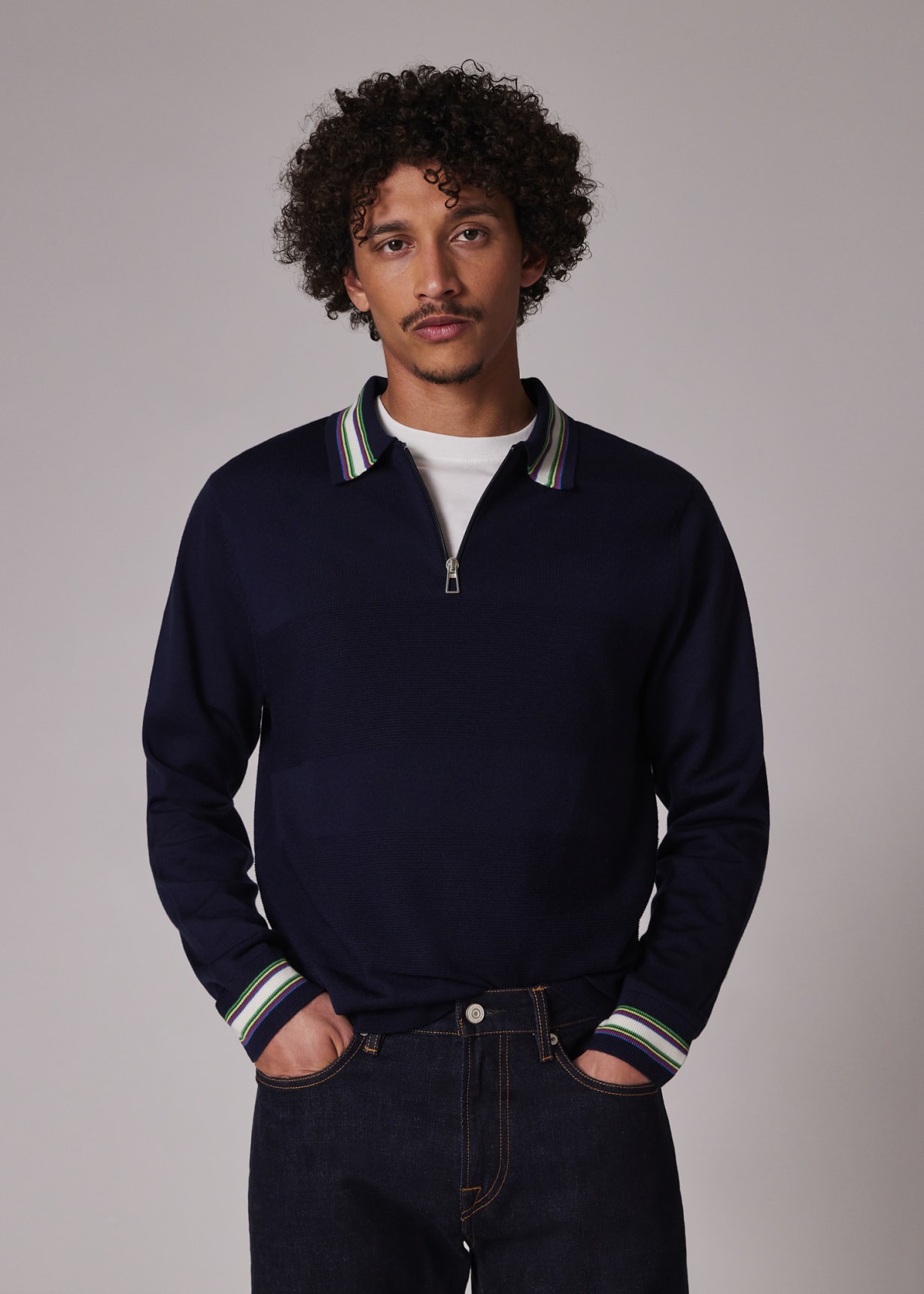 Men's Navy Wool-Cotton Zip Neck Knitted Polo Shirt