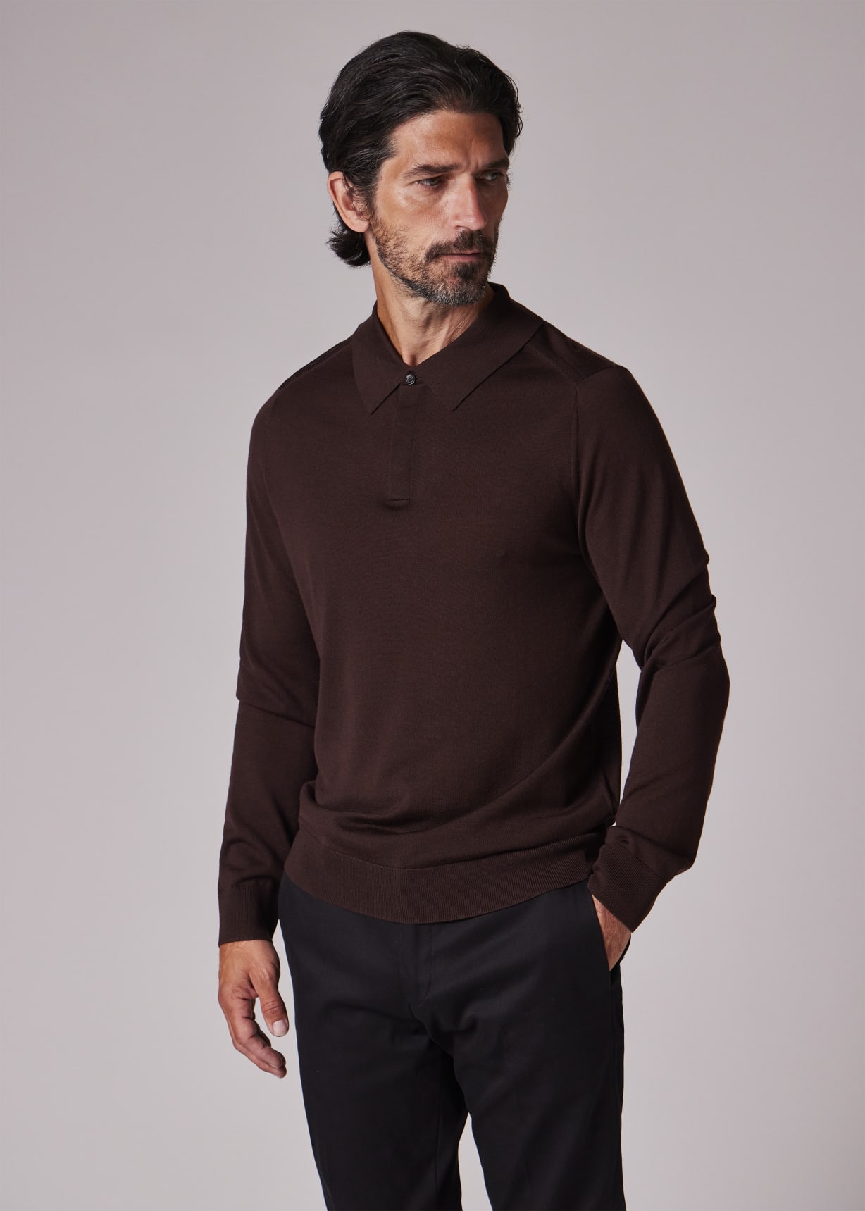 Men's Burgundy Merino Wool Knitted Long-Sleeve Polo Shirt