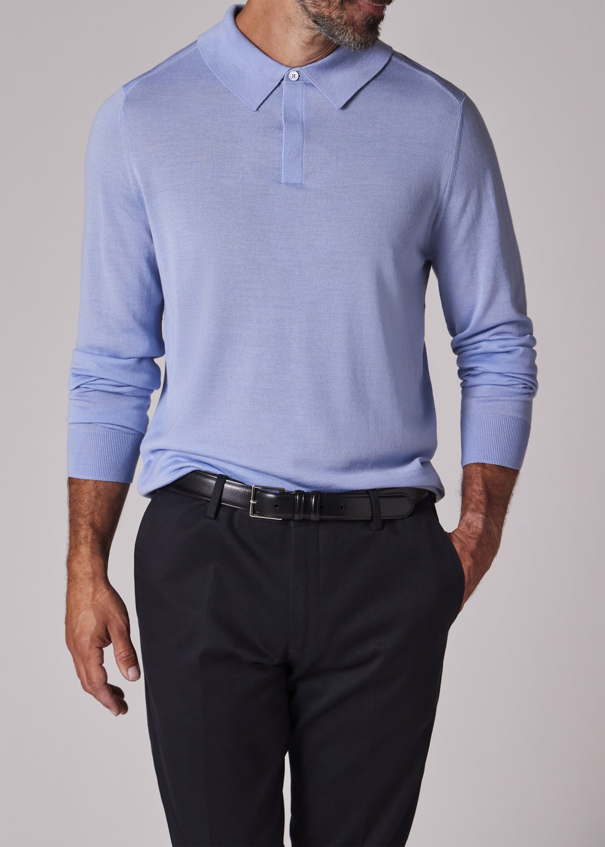 Men's Light Blue Merino Wool Knitted Long-Sleeve Polo Shirt