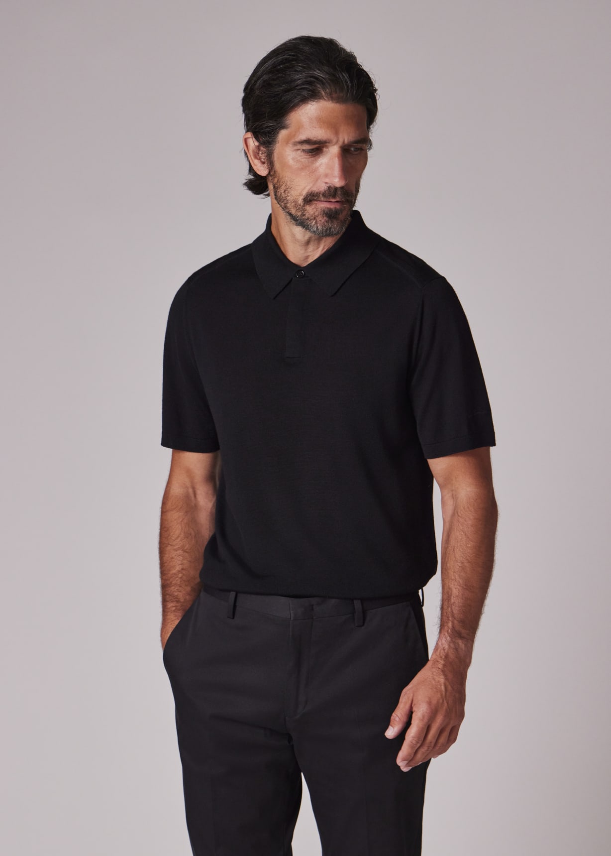 Men's Black Merino Wool Short Sleeve Polo Shirt