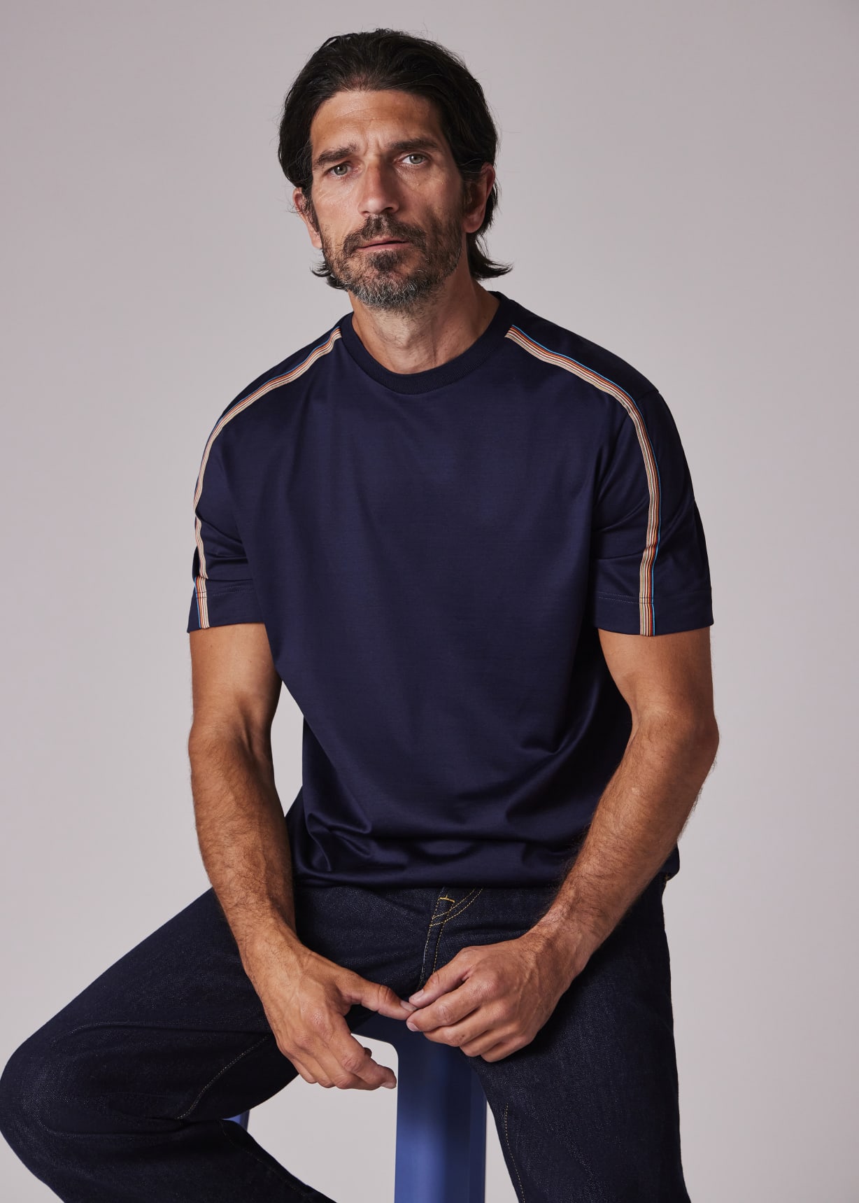 Tシャツ・カットソー Paul Smith SIGNATURE STRIPE T-SHIRT (M1R/306U/H00088_01) Men's Navy 'Signature Stripe' Pocket T-Shirt