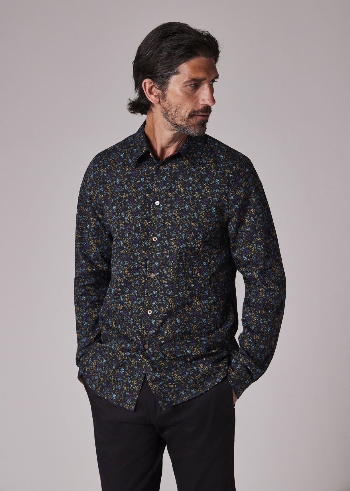 Men's Tailored-Fit Black Organic Cotton 'Globe Flower' Shirt