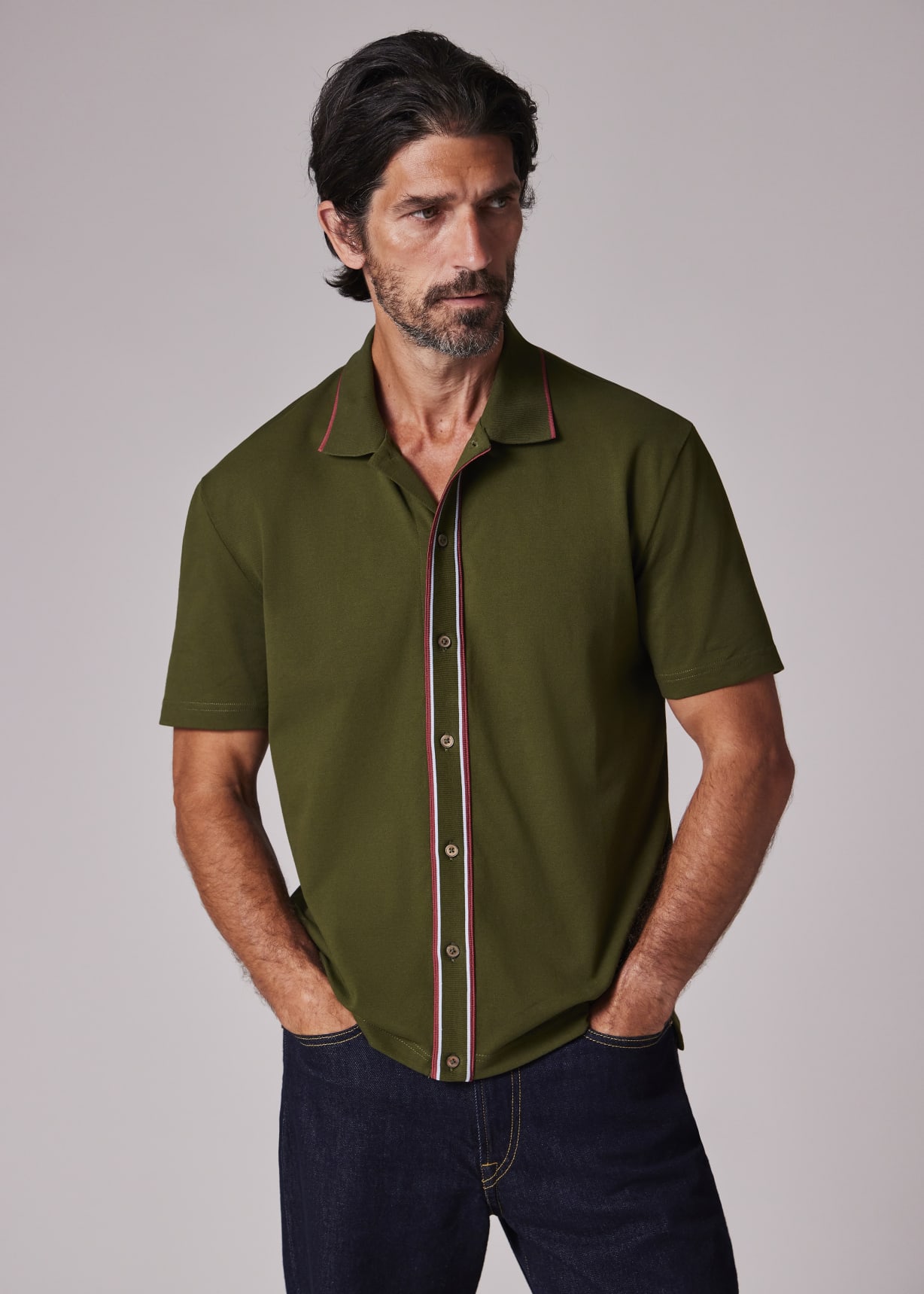 Khaki Green Button-Front Stretch-Cotton Polo Shirt XS
