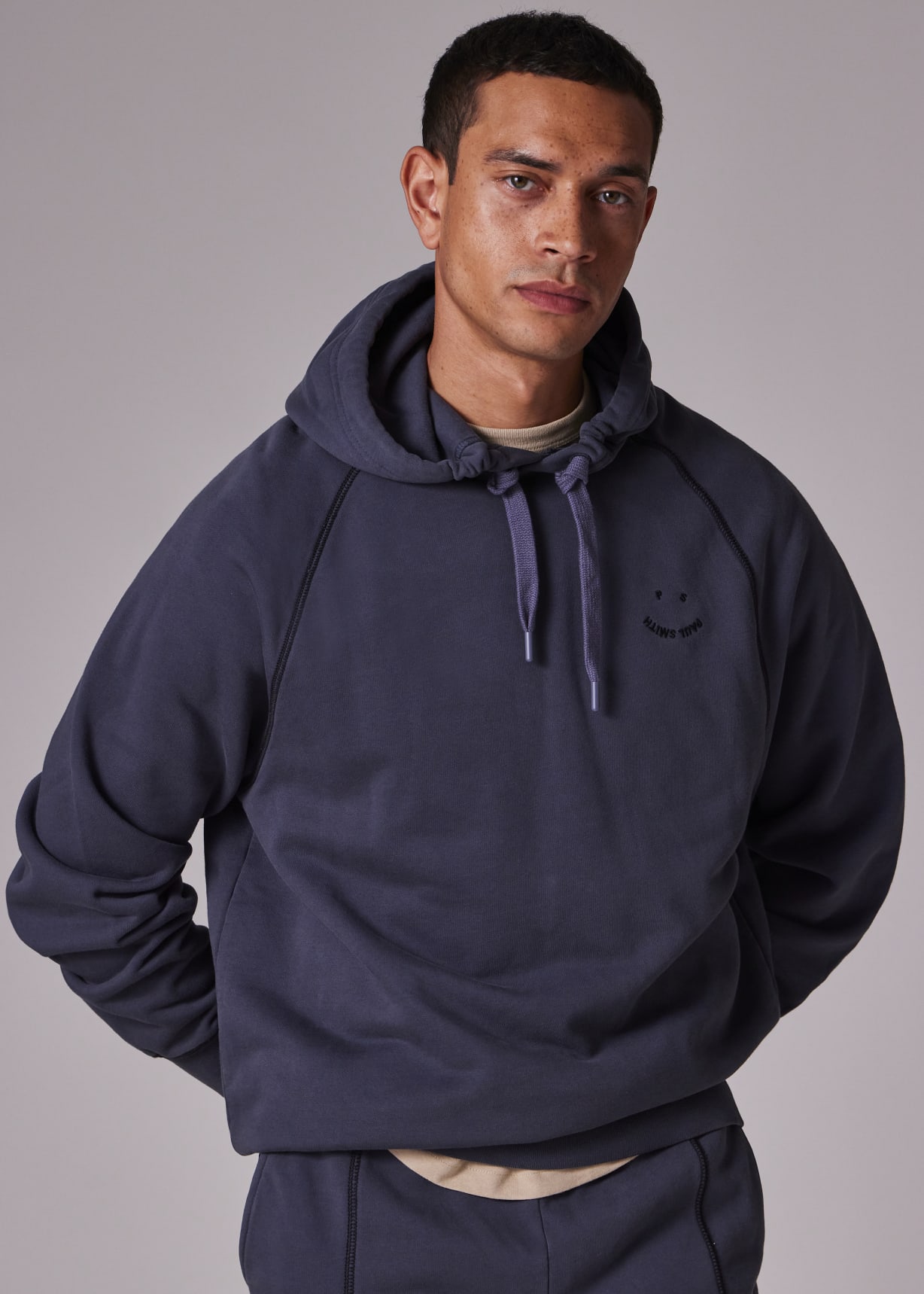 ★Paul Smith★ Happy Hood Blue M2R061YEK2116949 Men's Grey Organic Cotton 'PS Happy' Embroidered Hoodie