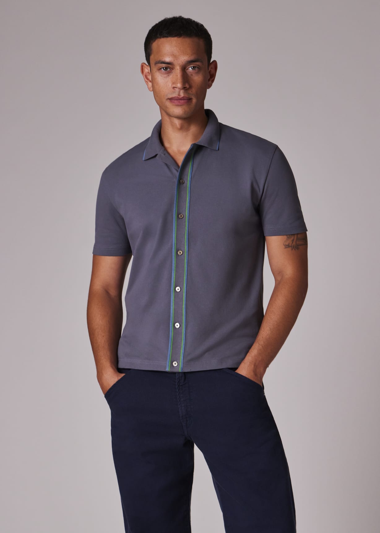 Men's Grey Button-Front Stretch-Cotton Polo Shirt