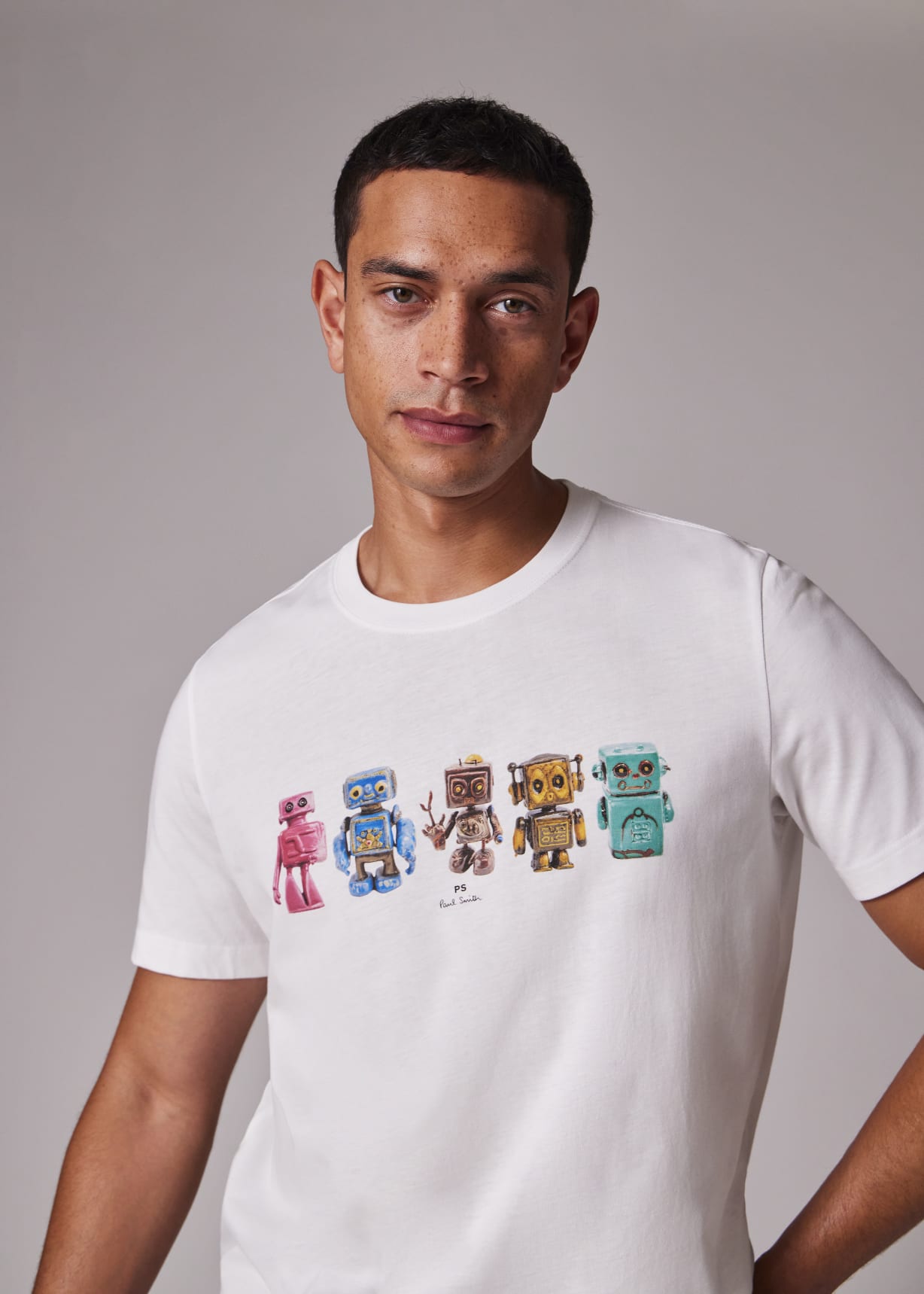 Tシャツ・カットソー PAUL SMITH Men T-shirt White M2R011RPP5075 01 Men's Regular Fit 'Robots' Print White Organic Cotton T-Shirt