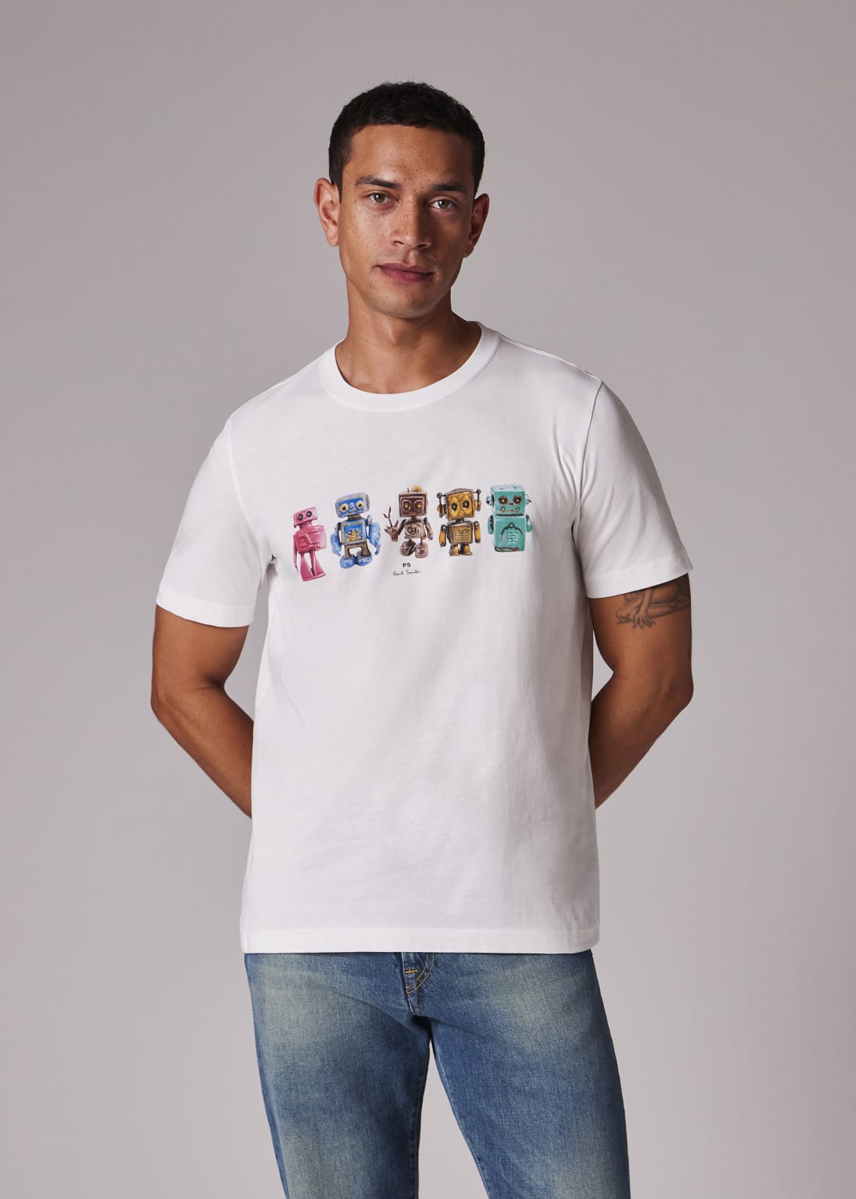 Men's Regular Fit 'Robots' Print White Organic Cotton T-Shirt