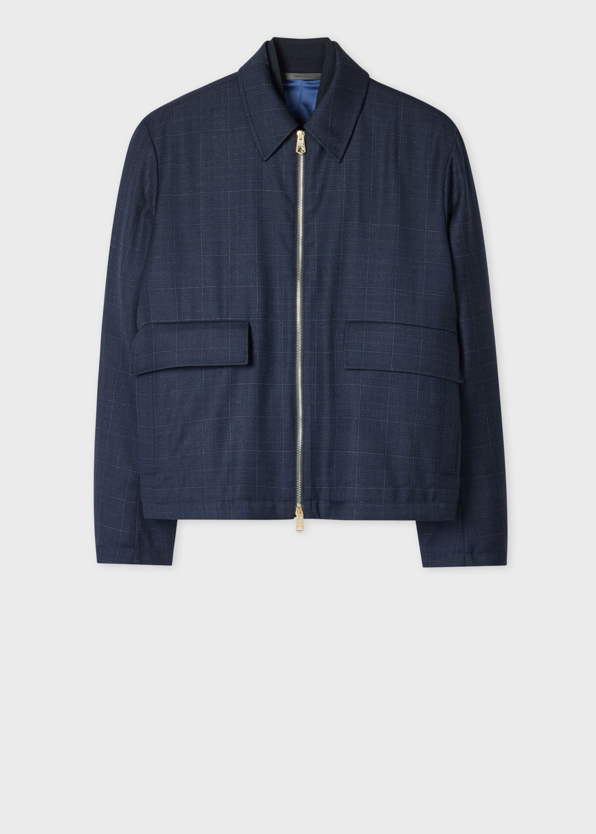 Men's Navy Windowpane Check Wool Zip Jacket
