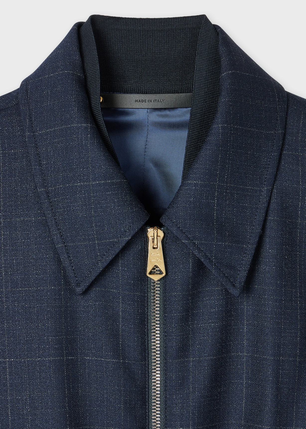 Men's Navy Windowpane Check Wool Zip Jacket