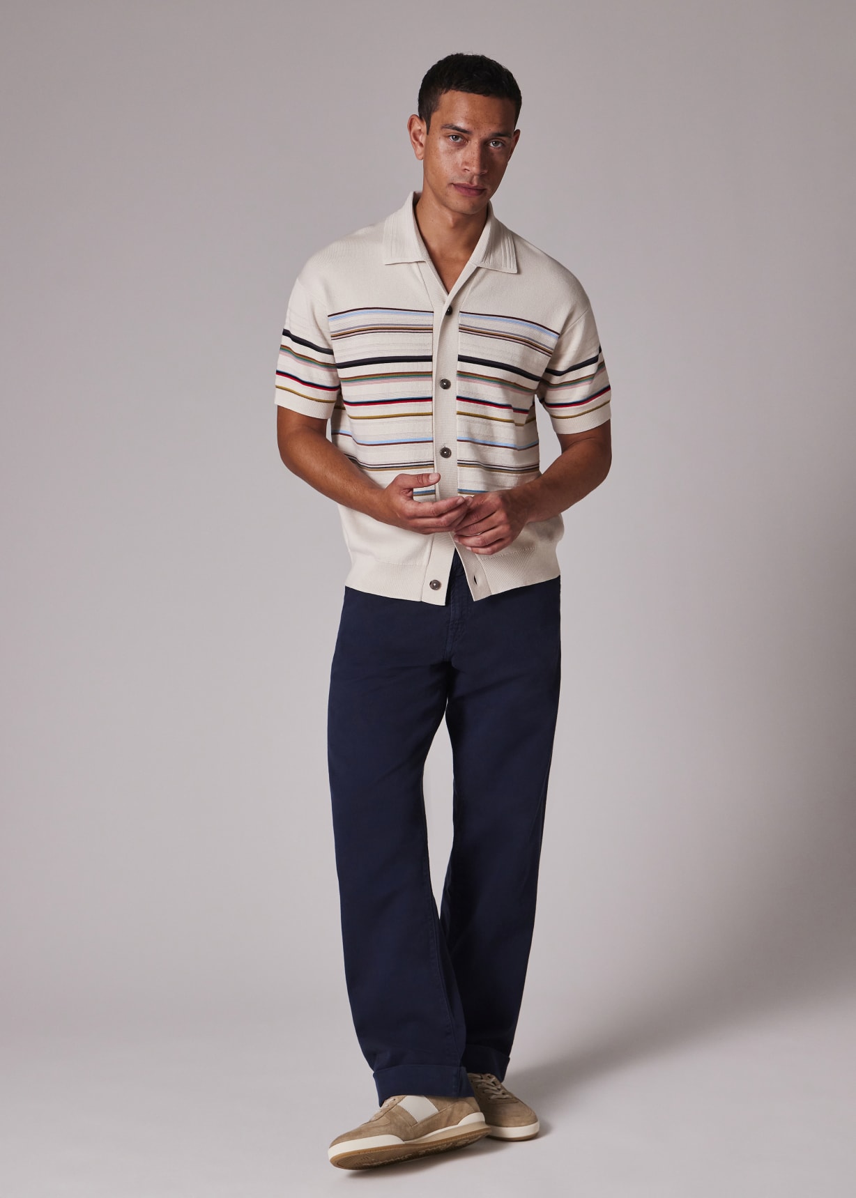 【美品】Paul Smith 開襟　サマーコットン　半袖シャツ　刺繍　XL Men's Ecru 'Signature Stripe' Knitted Cotton Short-Sleeve Shirt