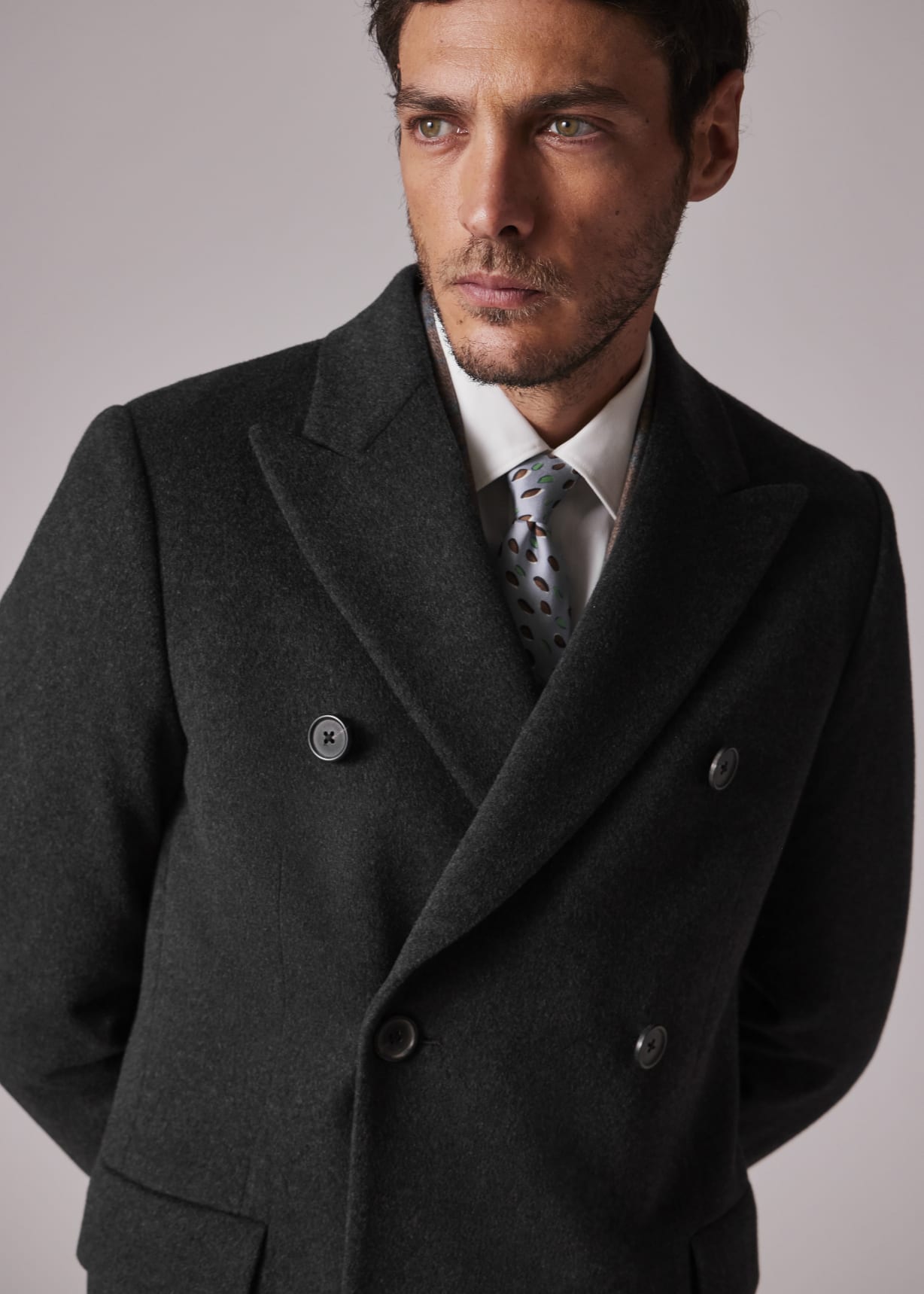 Charcoal Wool-Cashmere Blend Double Breasted Overcoat