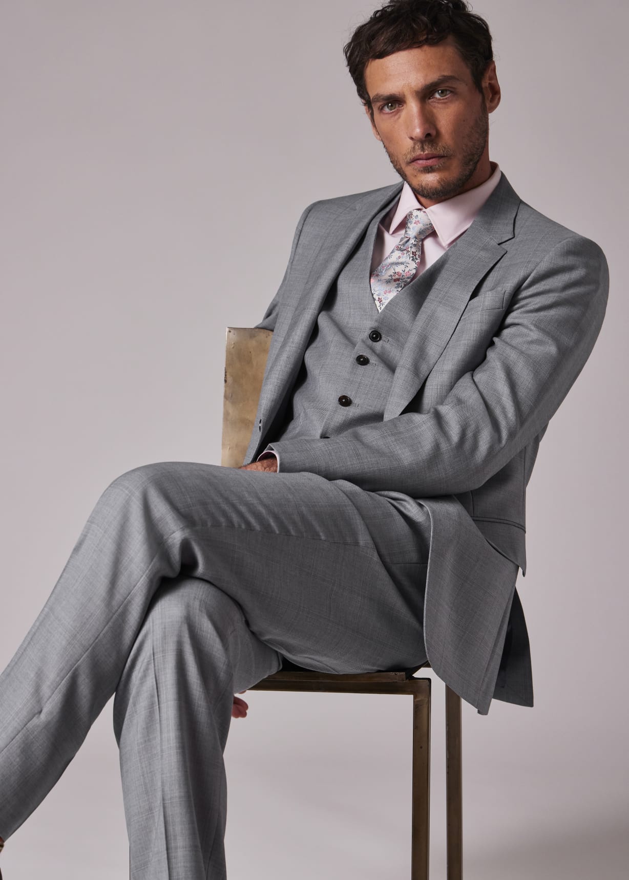 Men's Grey Superfine Merino Wool Check Three-Piece Suit