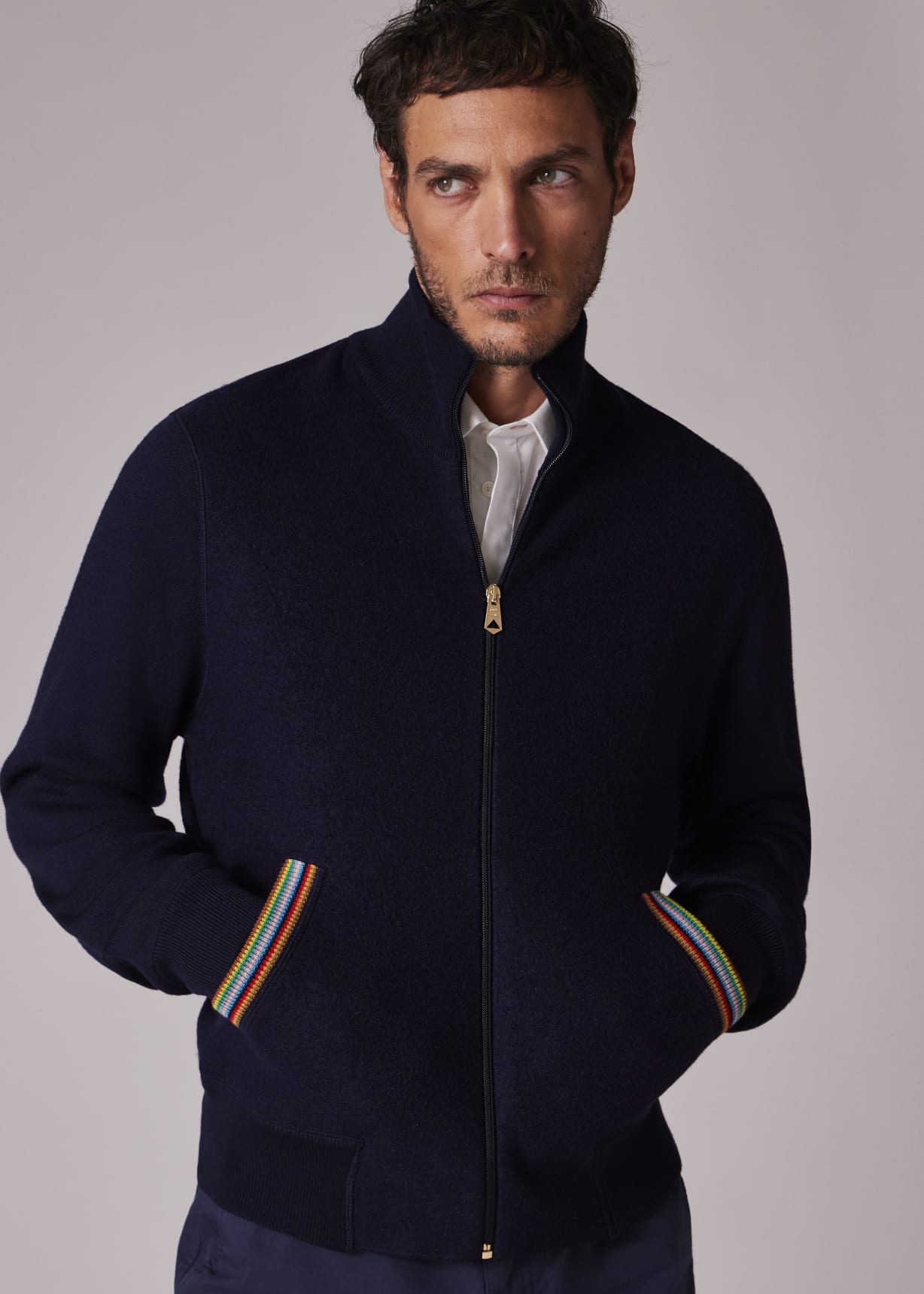 Men's Navy 'Signature Stripe' Merino Wool Knitted Jacket