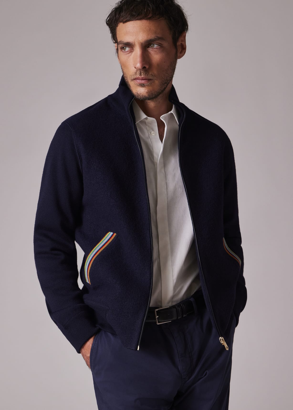 Men's Navy 'Signature Stripe' Merino Wool Knitted Jacket