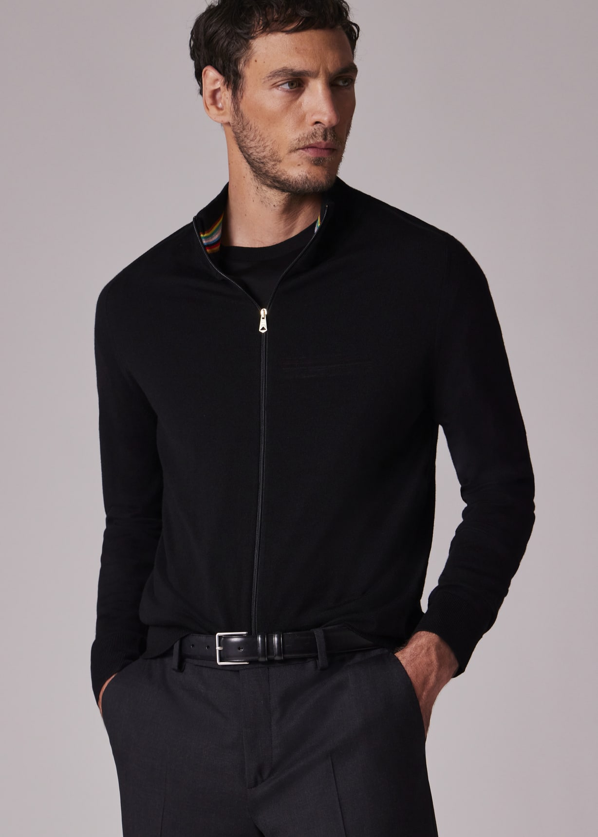 Men's Black Merino Wool Full Zip Cardigan