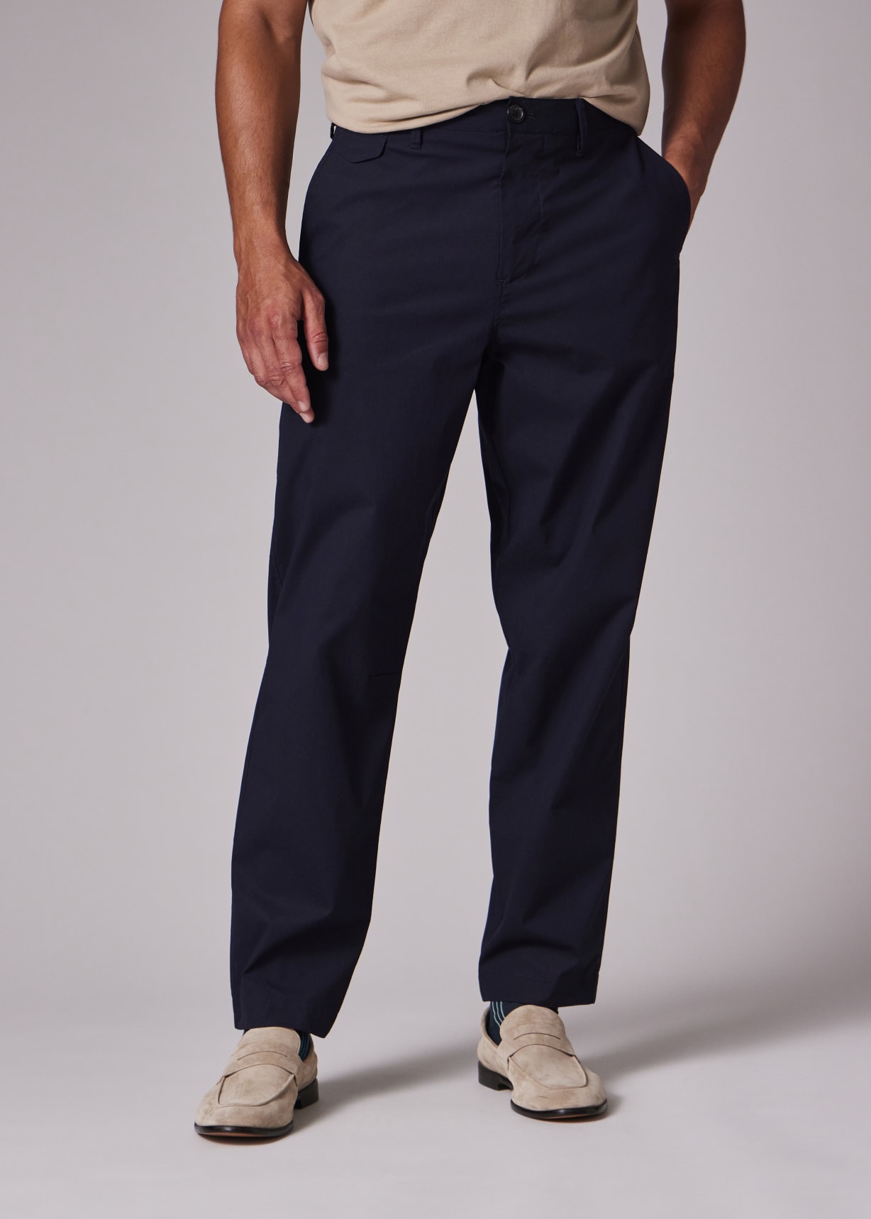 Men's Mid-Fit Navy Cotton-Blend 'Embroidered Stripe' Chinos