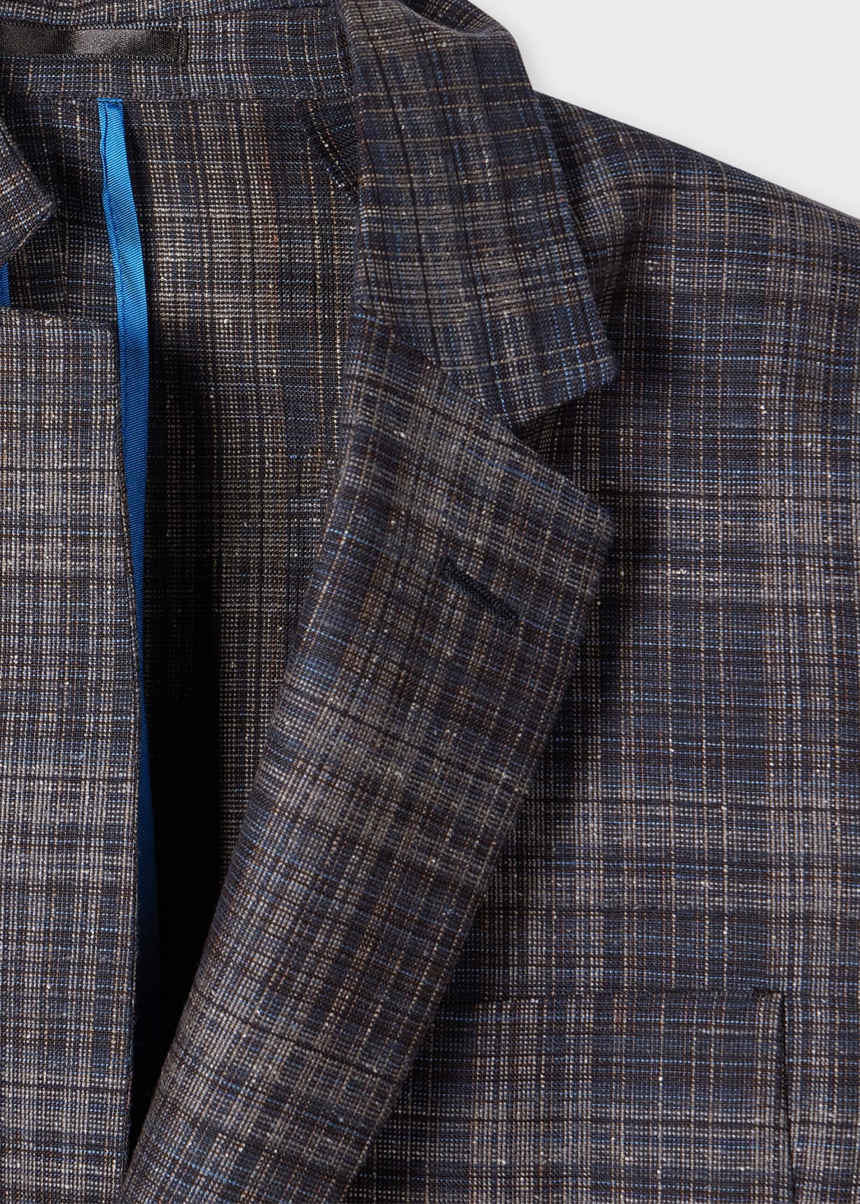 Men's Brown and Navy Check Silk-Wool Patch-Pocket Blazer