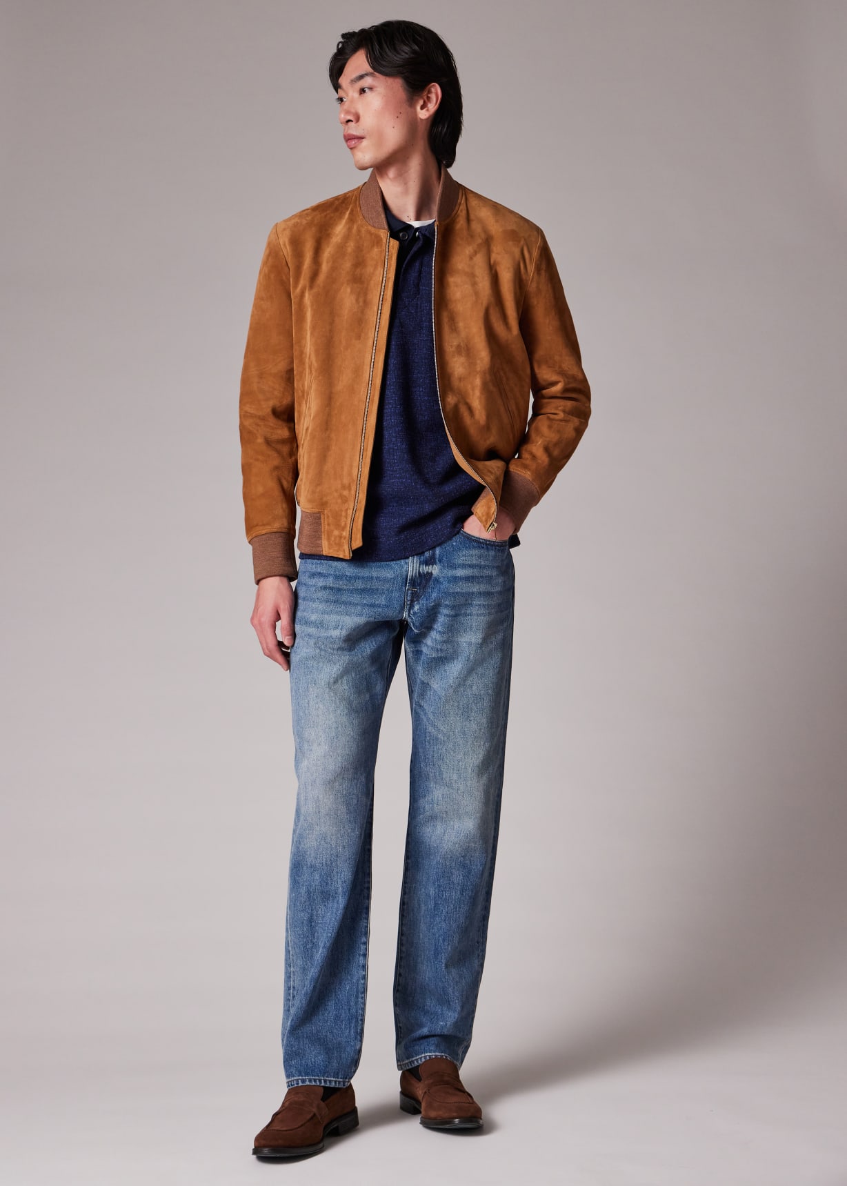 Men's Tan Suede Zip Bomber Jacket
