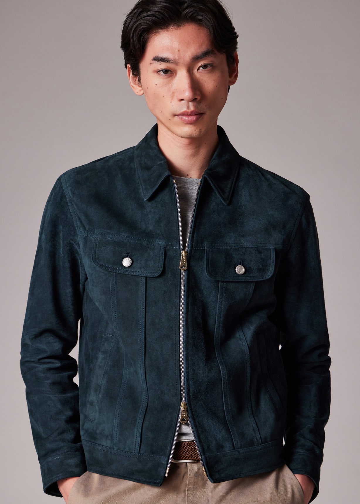 Men's Slim Fit Dark Teal Suede Trucker Jacket Paul Smith