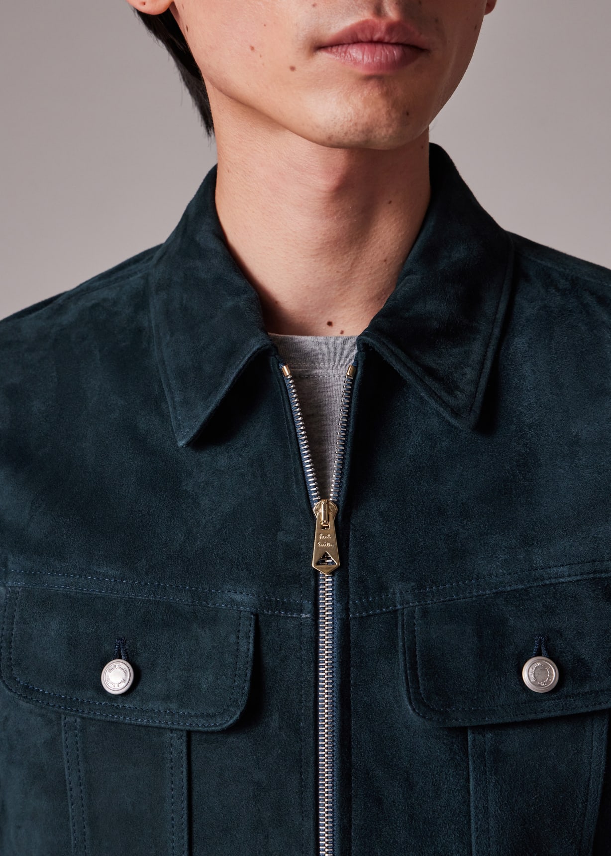 Men's Slim Fit Dark Teal Suede Trucker Jacket Paul Smith