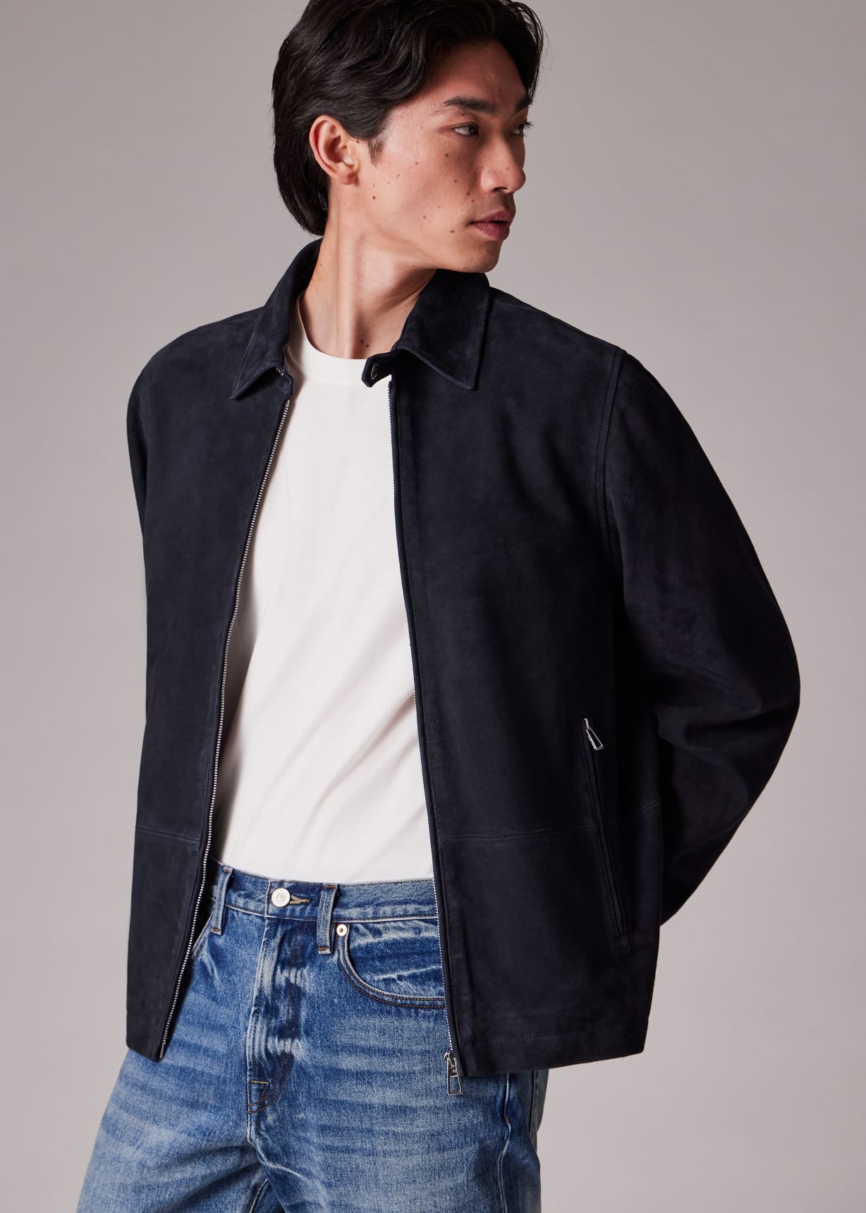 Men's Navy Suede Zip-Front Jacket