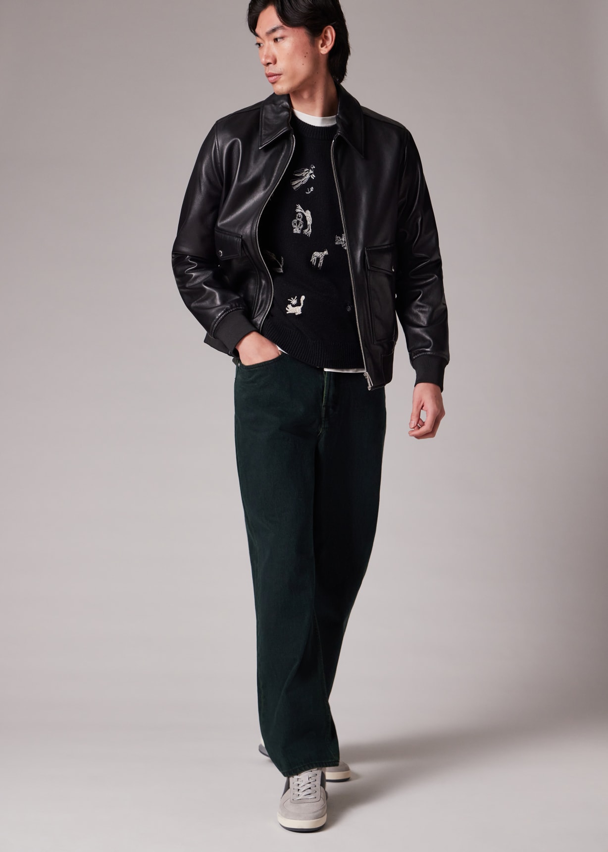Men's Black Leather Patch-Pocket Jacket