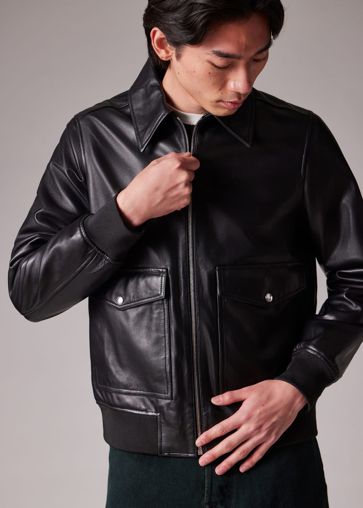 Paul Smith 革ジャケット　ブラック　M Men's Black Leather Patch-Pocket Jacket