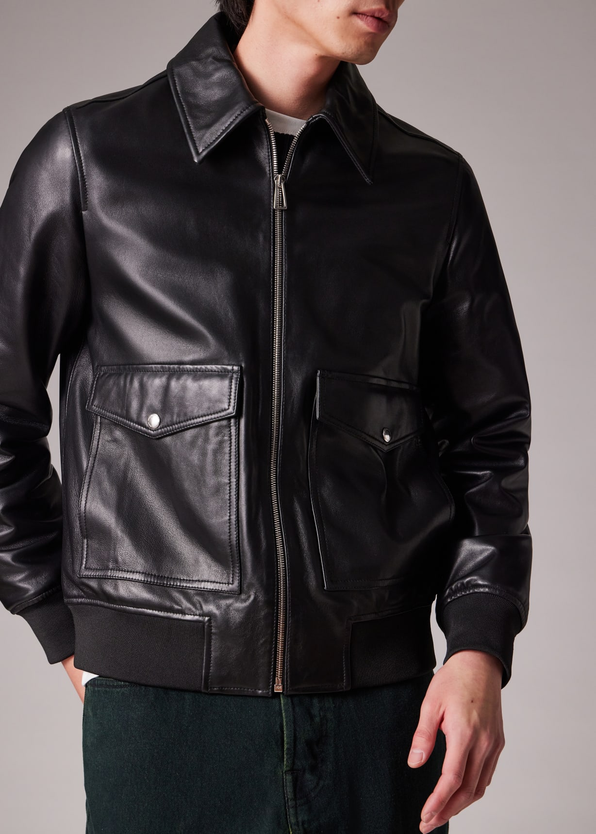 Men's Black Leather Patch-Pocket Jacket