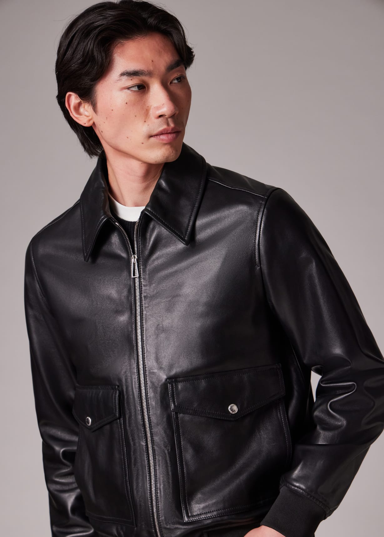 Men's Black Leather Patch-Pocket Jacket