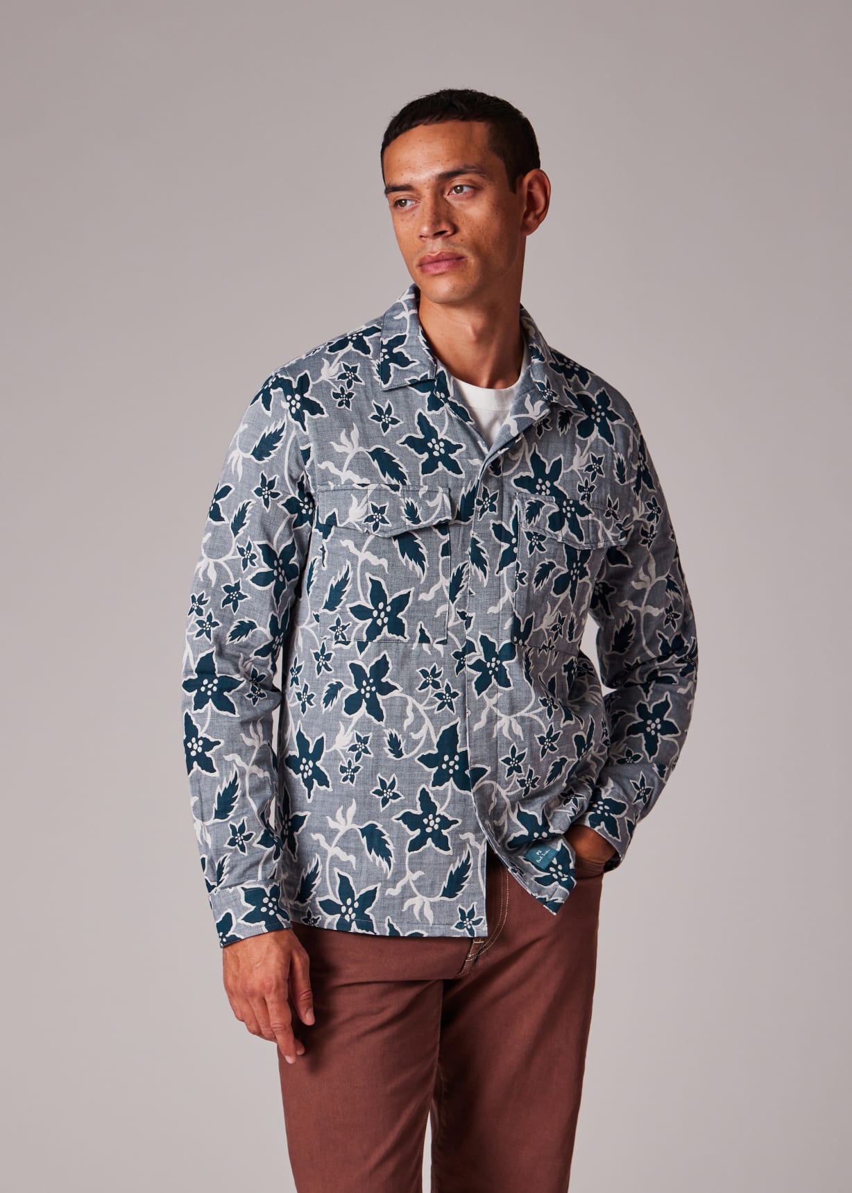 Men's Blue Floral Double-Face Cotton Shirt