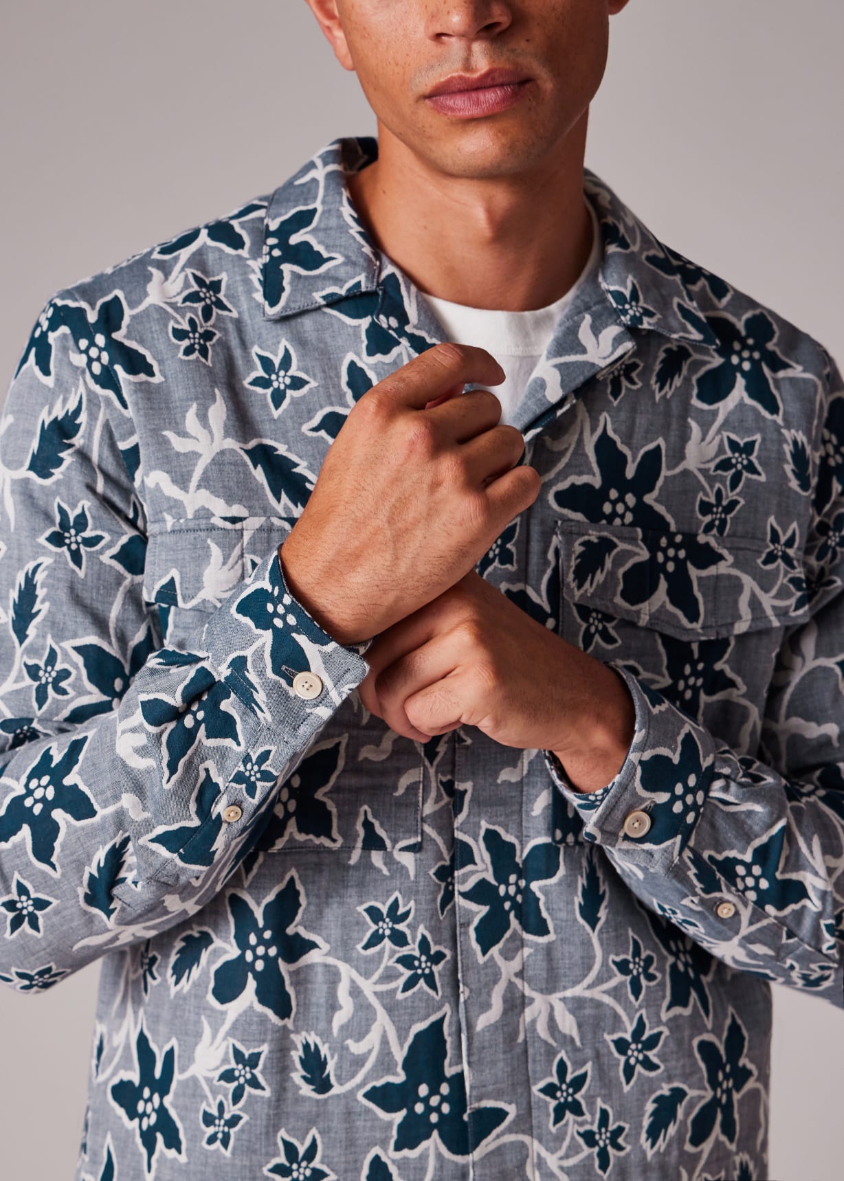 Men's Blue Floral Double-Face Cotton Shirt