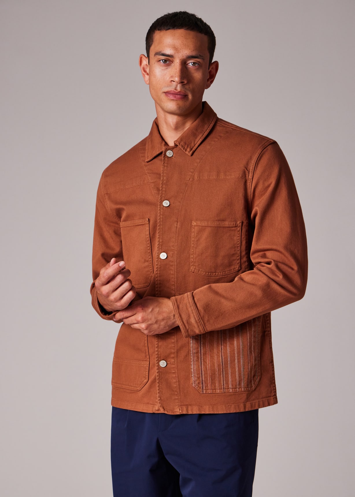 Rust Stretch Cotton-Twill Embroidered Stripe Chore Jacket
