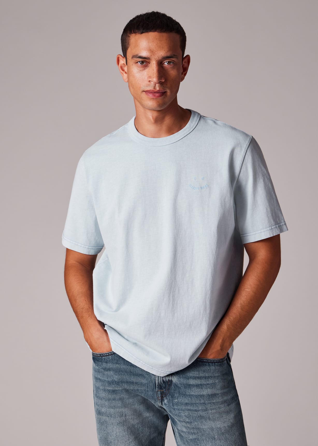 Men's Pale Blue Pigment Dyed 'Happy' T-Shirt