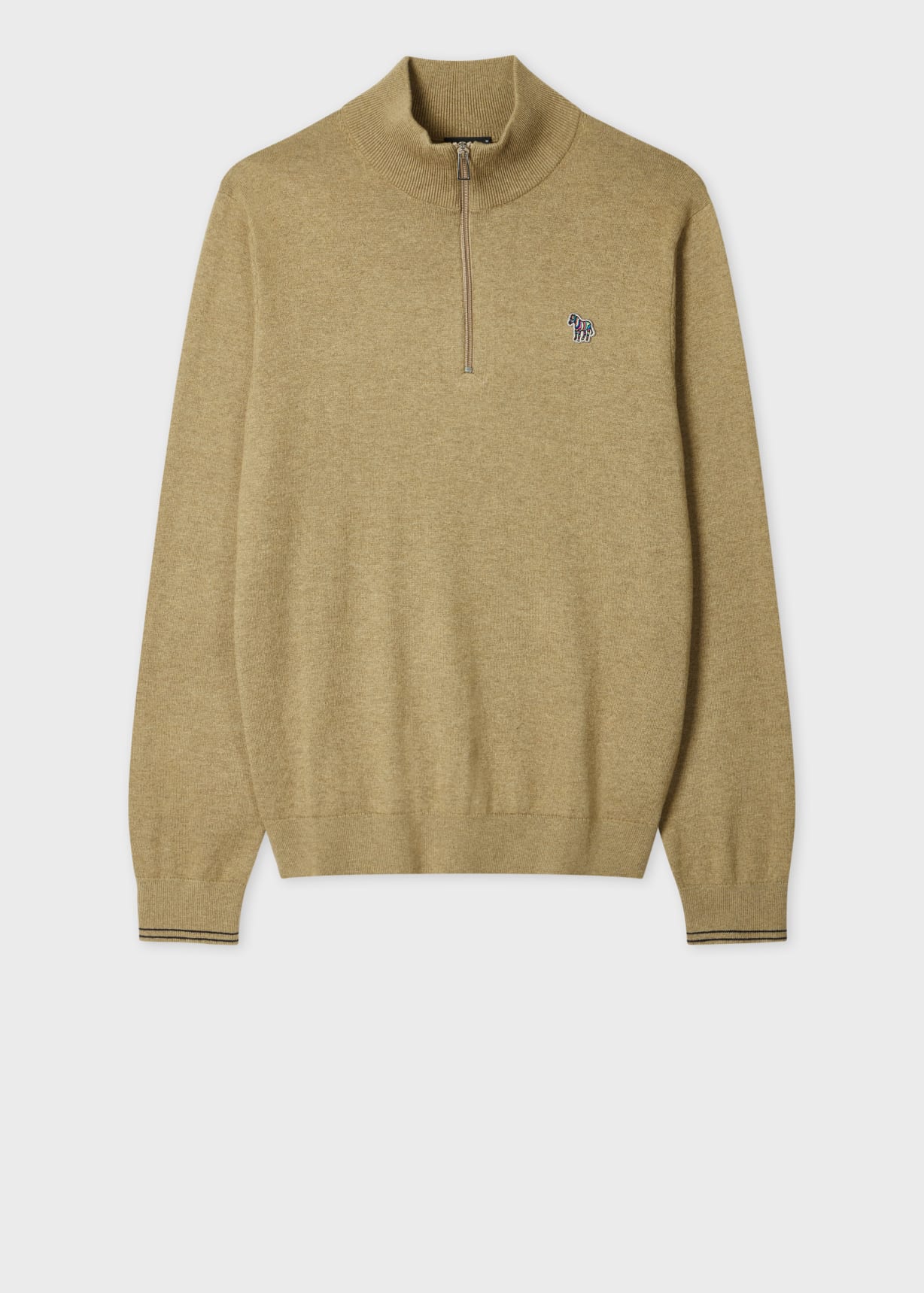 Camel Cotton-Blend Zebra Logo Half Zip Sweater