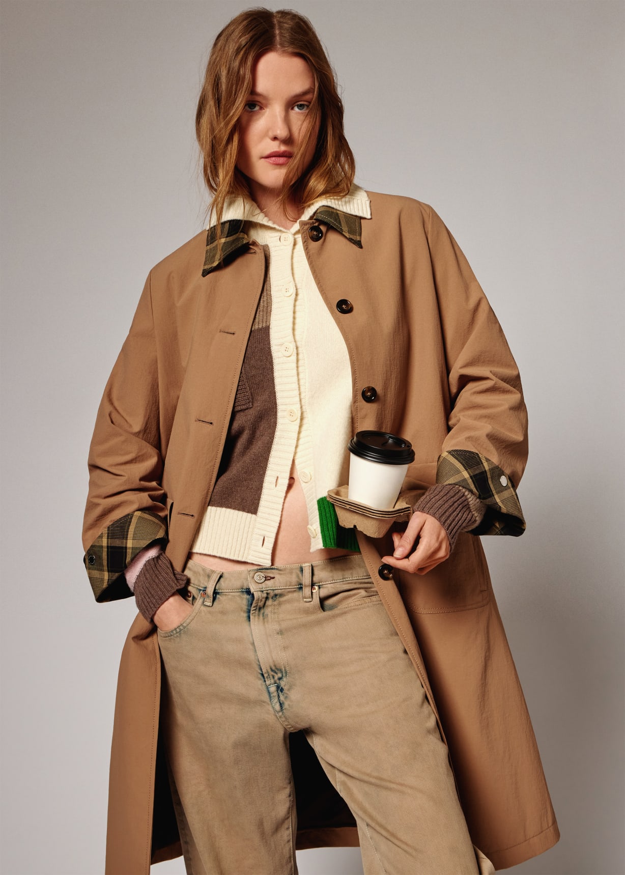 Women's Stone Nylon Mac with Contrast Check Trim