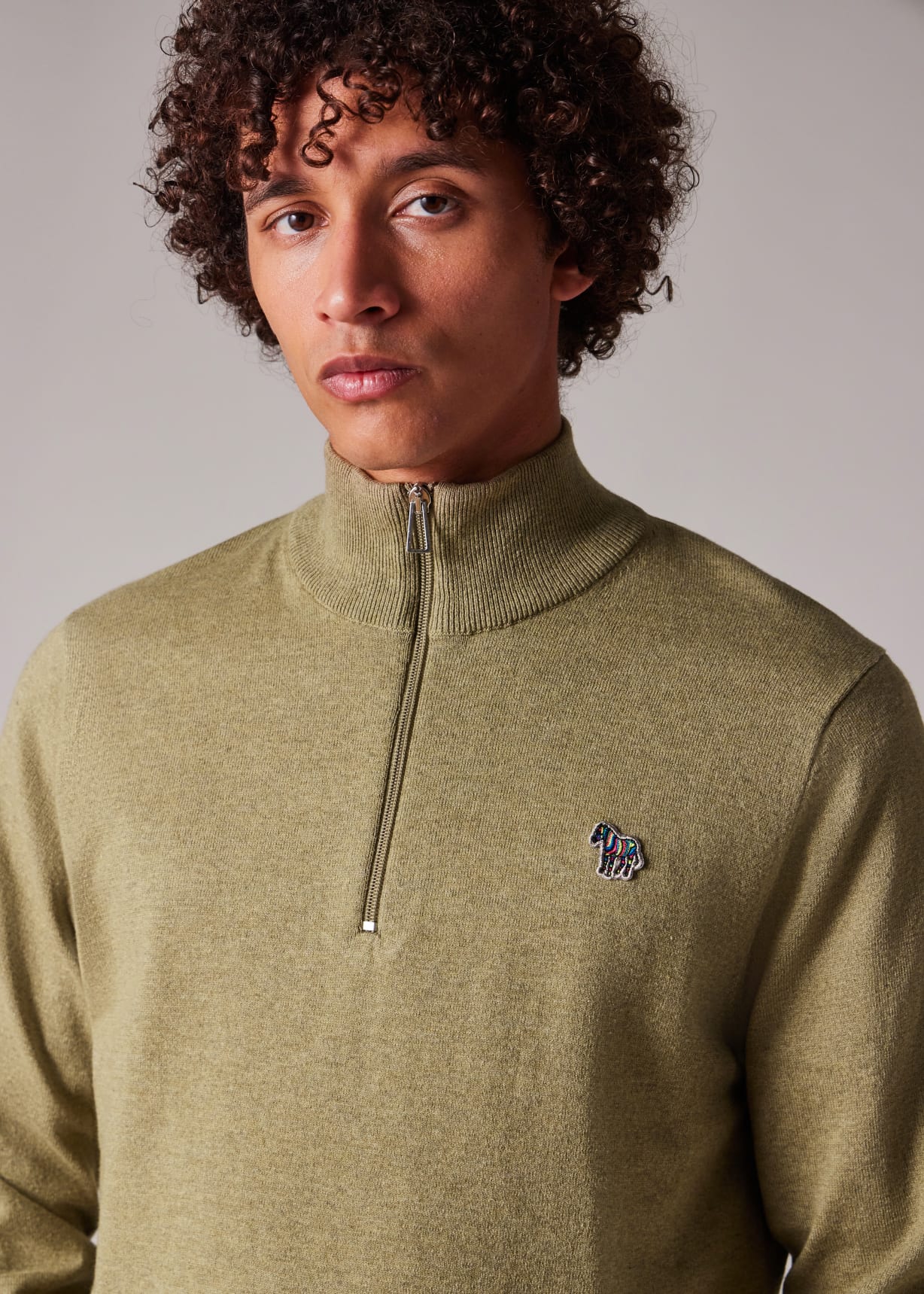 Camel Cotton-Blend Zebra Logo Half Zip Sweater