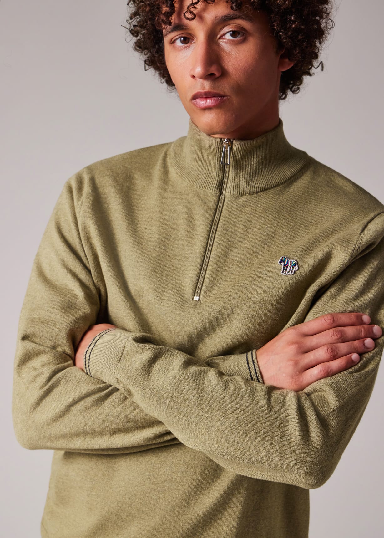 Camel Cotton-Blend Zebra Logo Half Zip Sweater