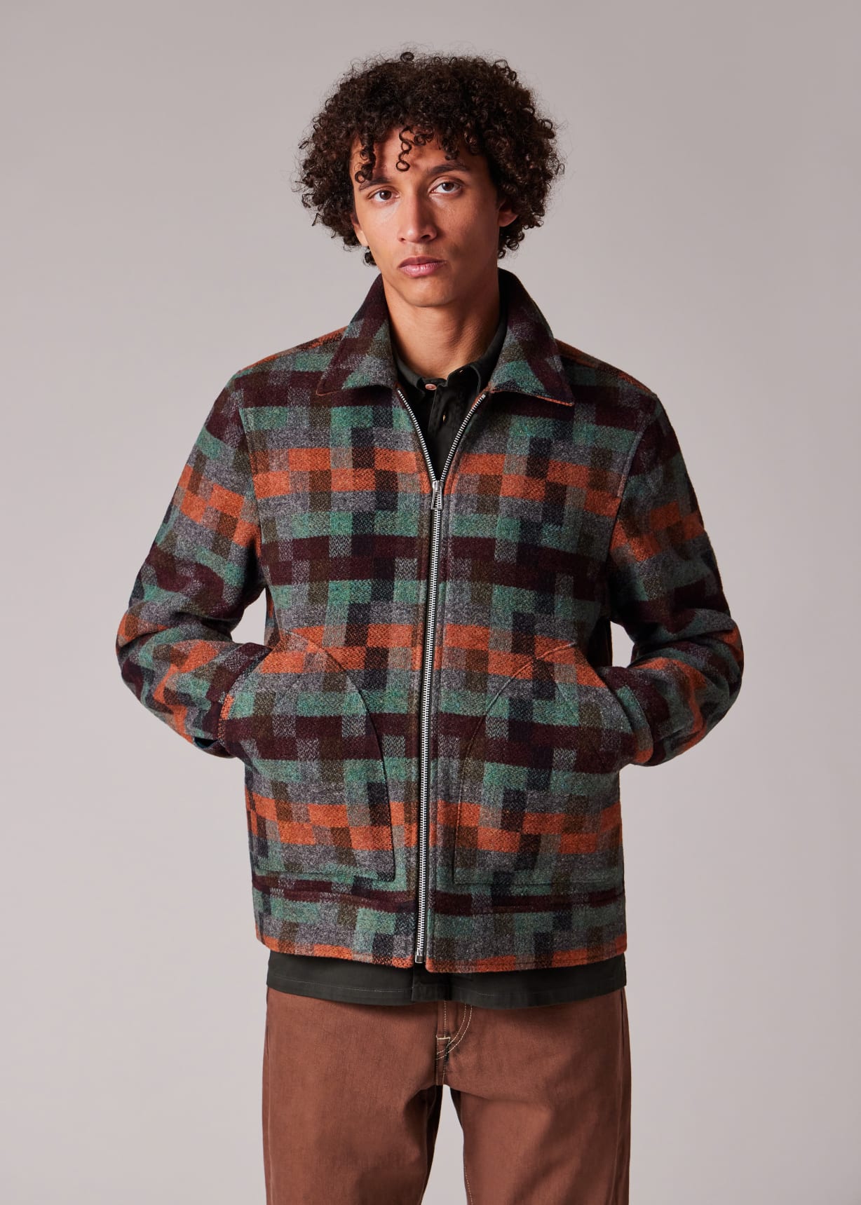 Men's Teal Jacquard Check Wool Zip Jacket