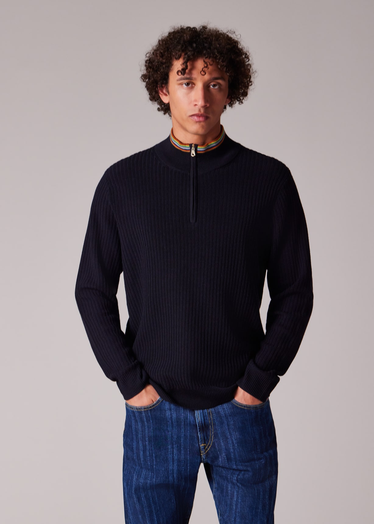 Men's Navy Washable Merino Wool 'Signature Stripe' Half Zip Sweater