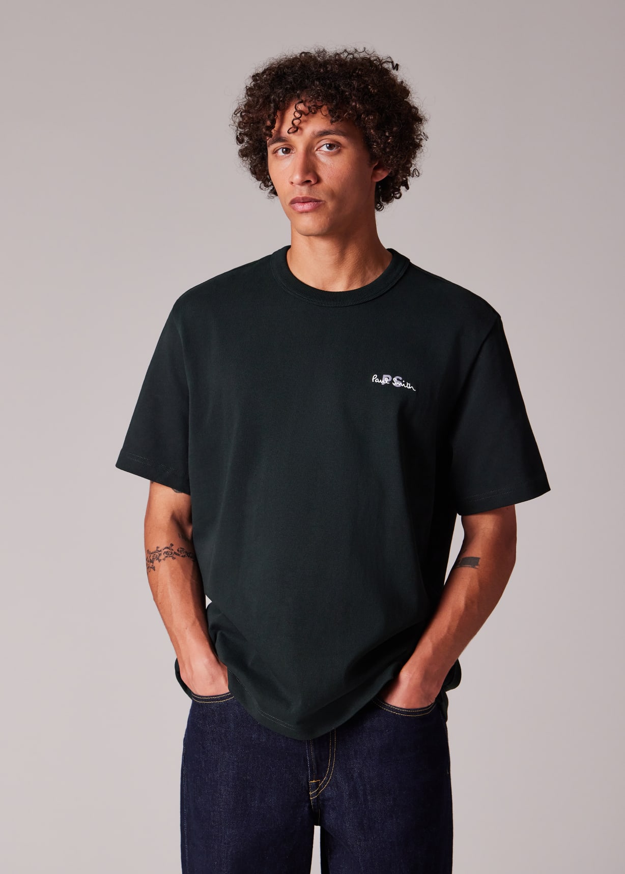 Men's Dark Green Logo Embroidery Cotton T-Shirt