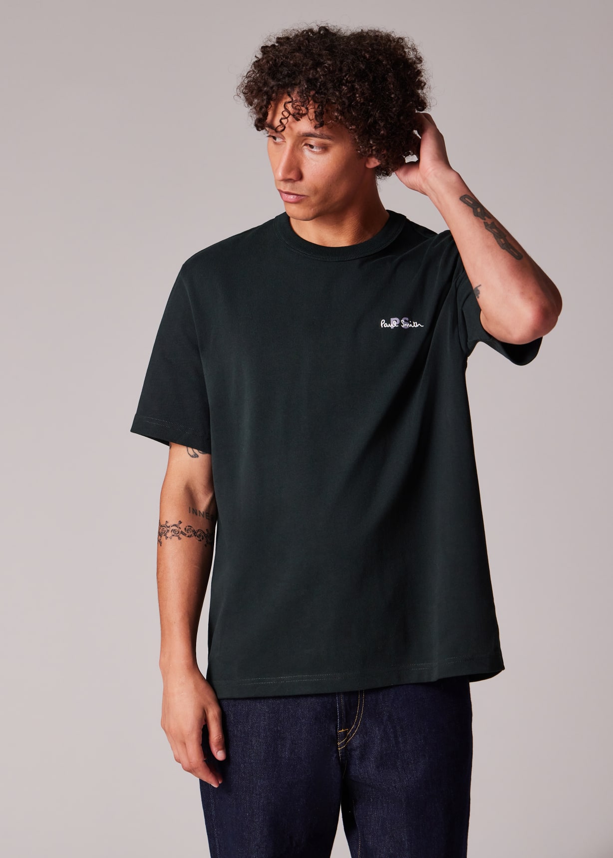 Men's Dark Green Logo Embroidery Cotton T-Shirt