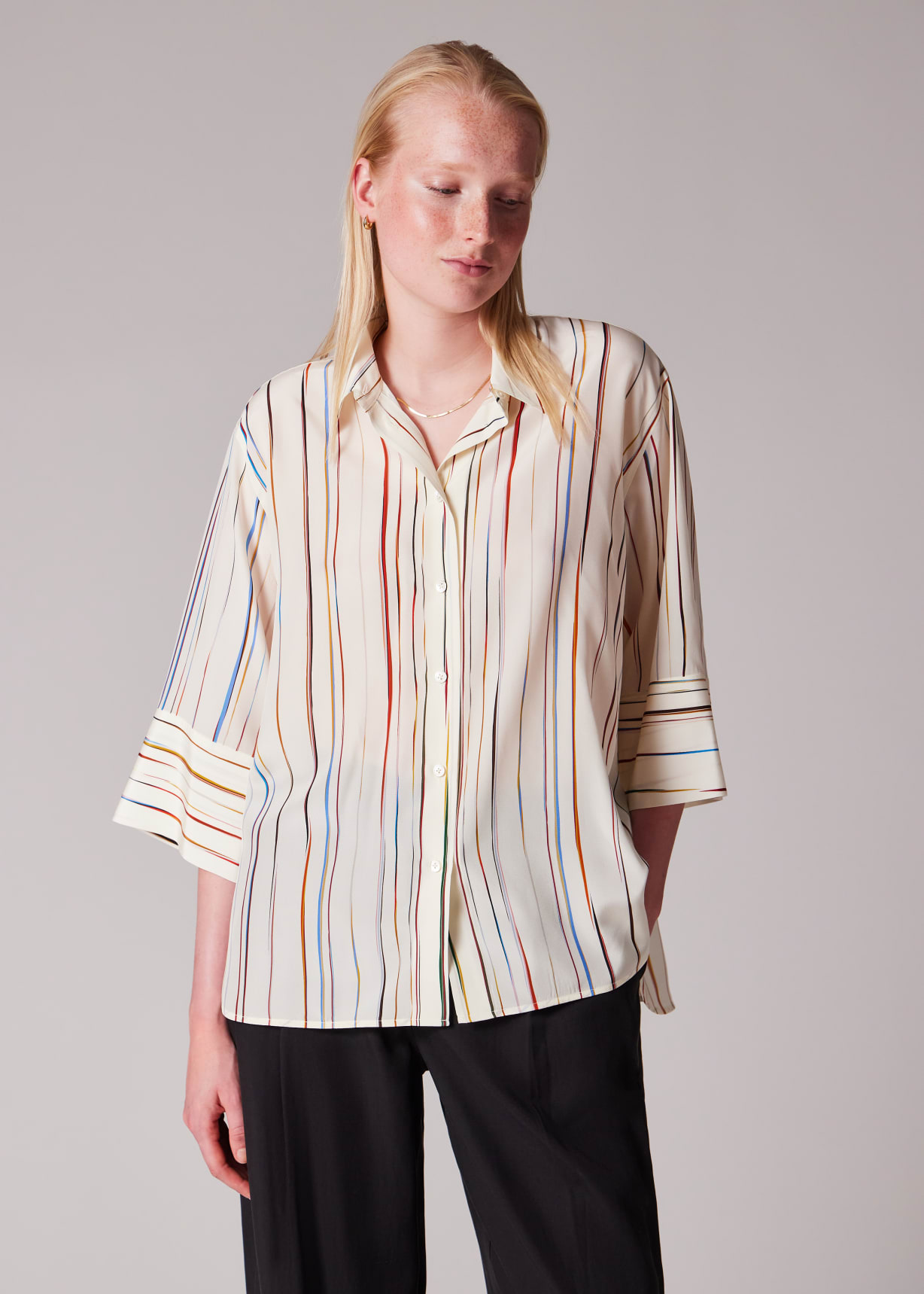 Women's Cream 'Signature Stripe' Pinstripe Silk Shirt