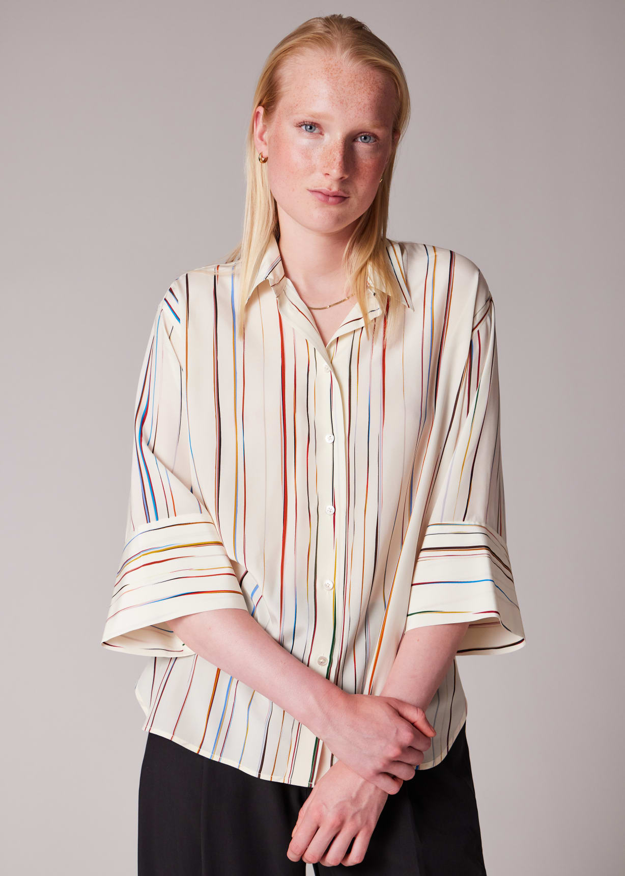 Women's Cream 'Signature Stripe' Pinstripe Silk Shirt
